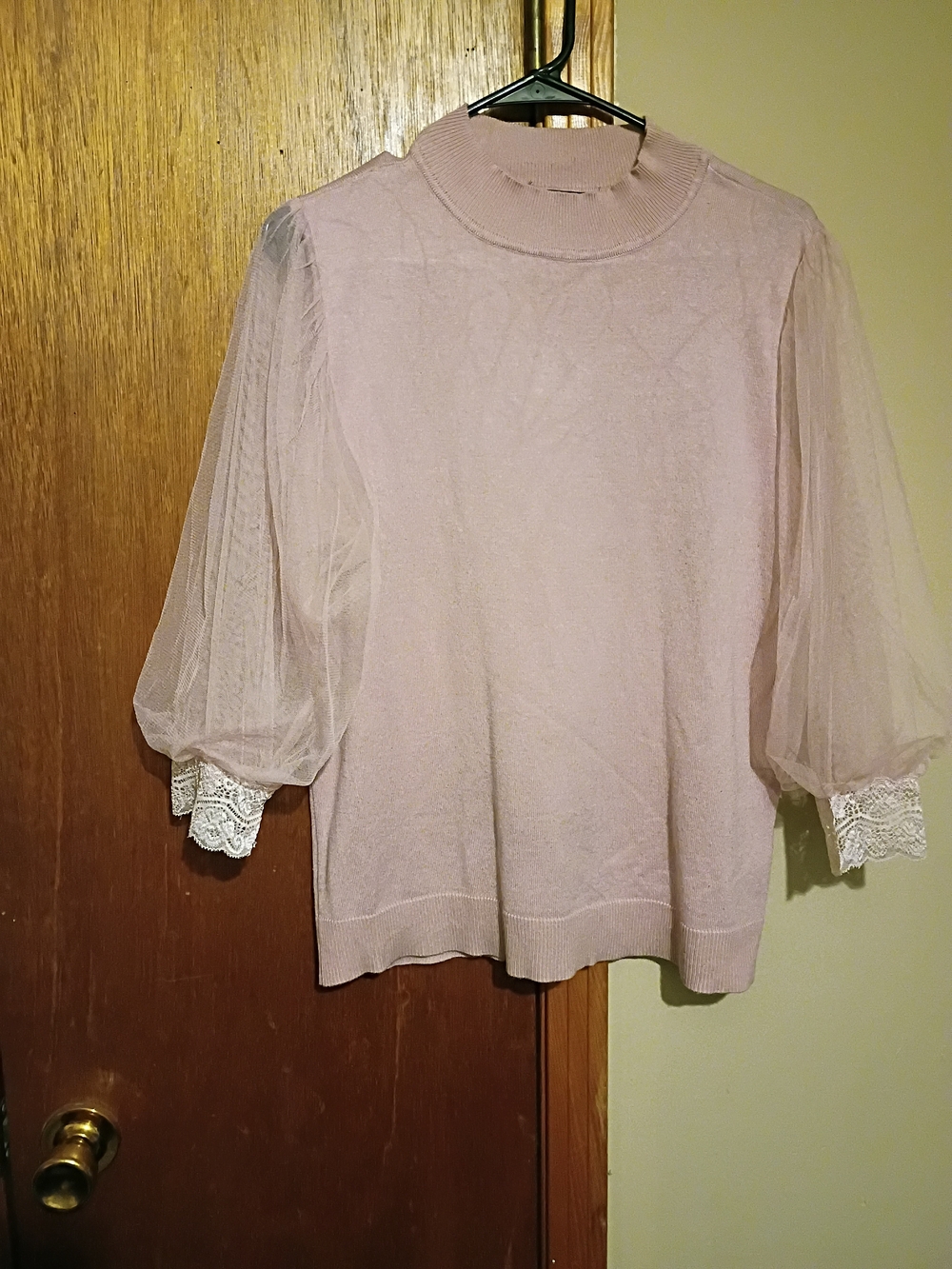 Sheer Puff Sleeve Knit Top - Light Mauve